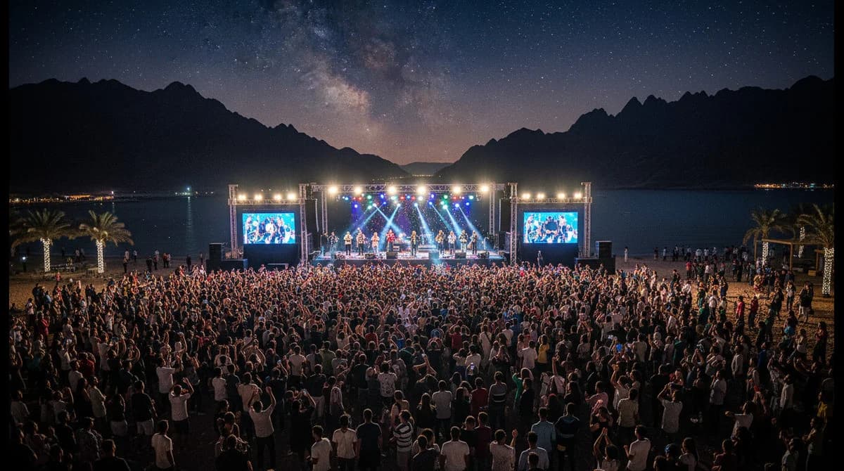 حفلات عيد الفطر في نويبع بجنوب سيناء وسط أجواء موسيقية وجمهور كبير أمام منصة الحفل.