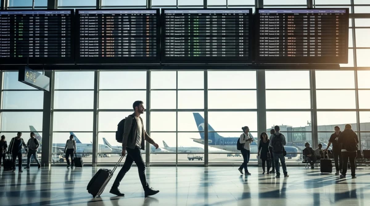 مسافر ذكي يسير داخل صالة مطار حديثة مستعد لرحلته الجوية