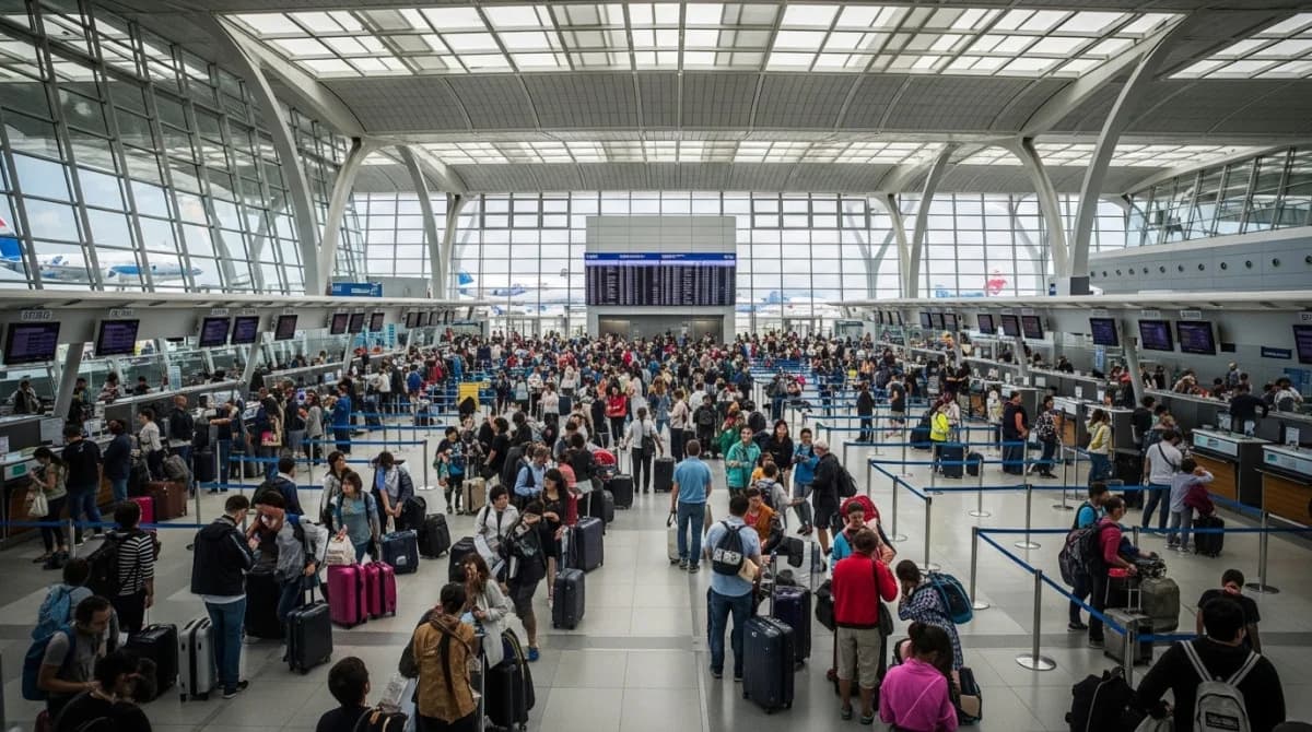 صورة جوية لمطار دولي مزدحم بالطائرات يعكس حركة السفر العالمية