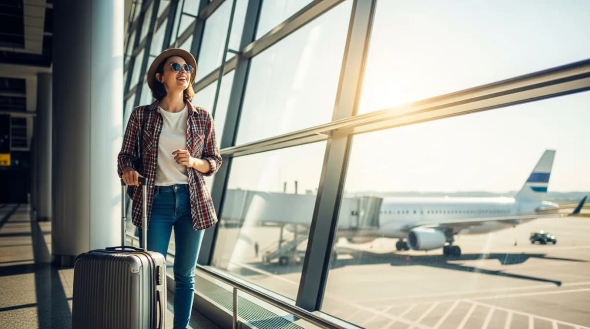 مسافر في المطار يستعد لركوب الطائرة في رحلته الأولى.