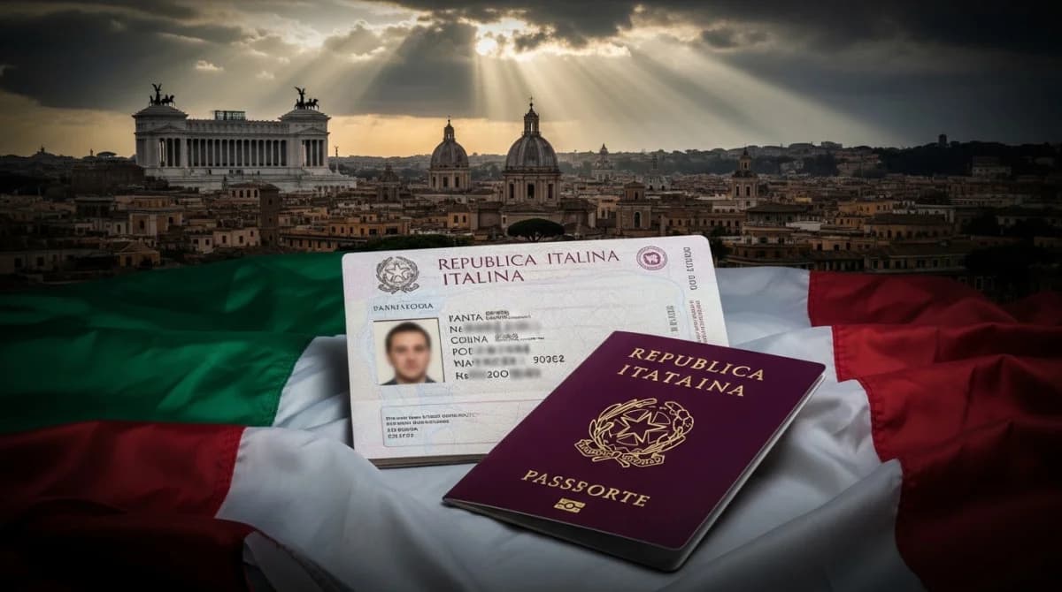 جواز السفر الإيطالي مع علم إيطاليا في خلفية تعبيرًا عن قوانين الجنسية الجديدة في إيطاليا.