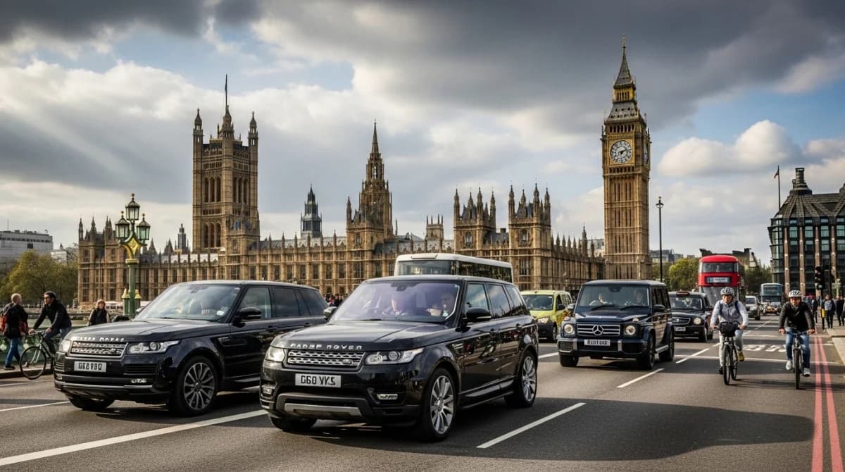 سيارة دفع رباعي تتوقف لعائلة تعبر الطريق في لندن.