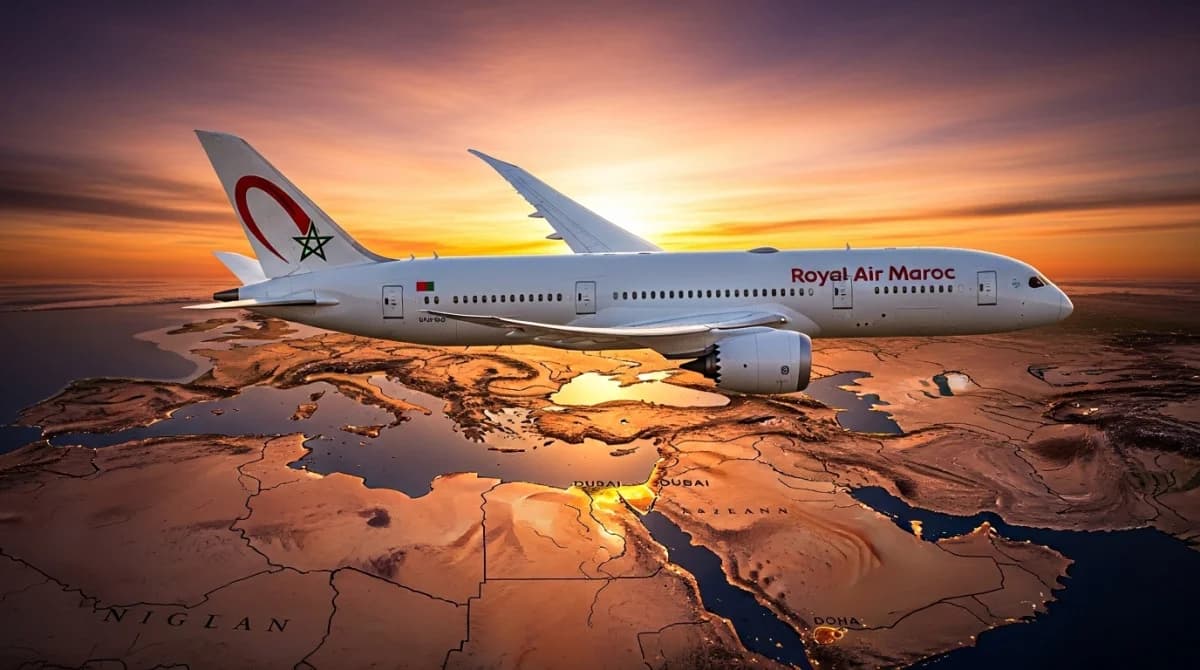 طائرة الخطوط الملكية المغربية مع خبر تمديد تعليق الرحلات الجوية بين المغرب وكل من دبي والدوحة.