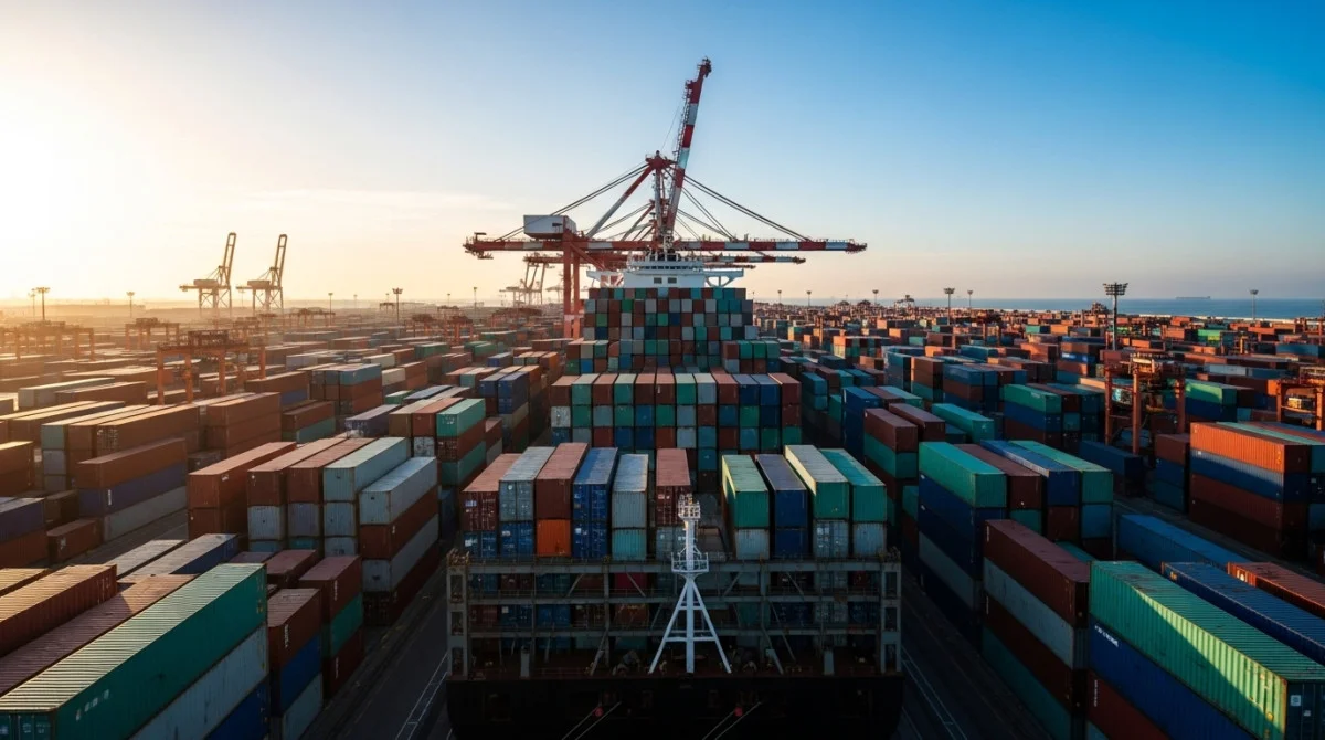 سفينة شحن كبيرة محملة بحاويات في ميناء تجاري مع رافعات تقوم بعمليات تحميل وتفريغ تعكس نشاط التصدير والتجارة العالمية
