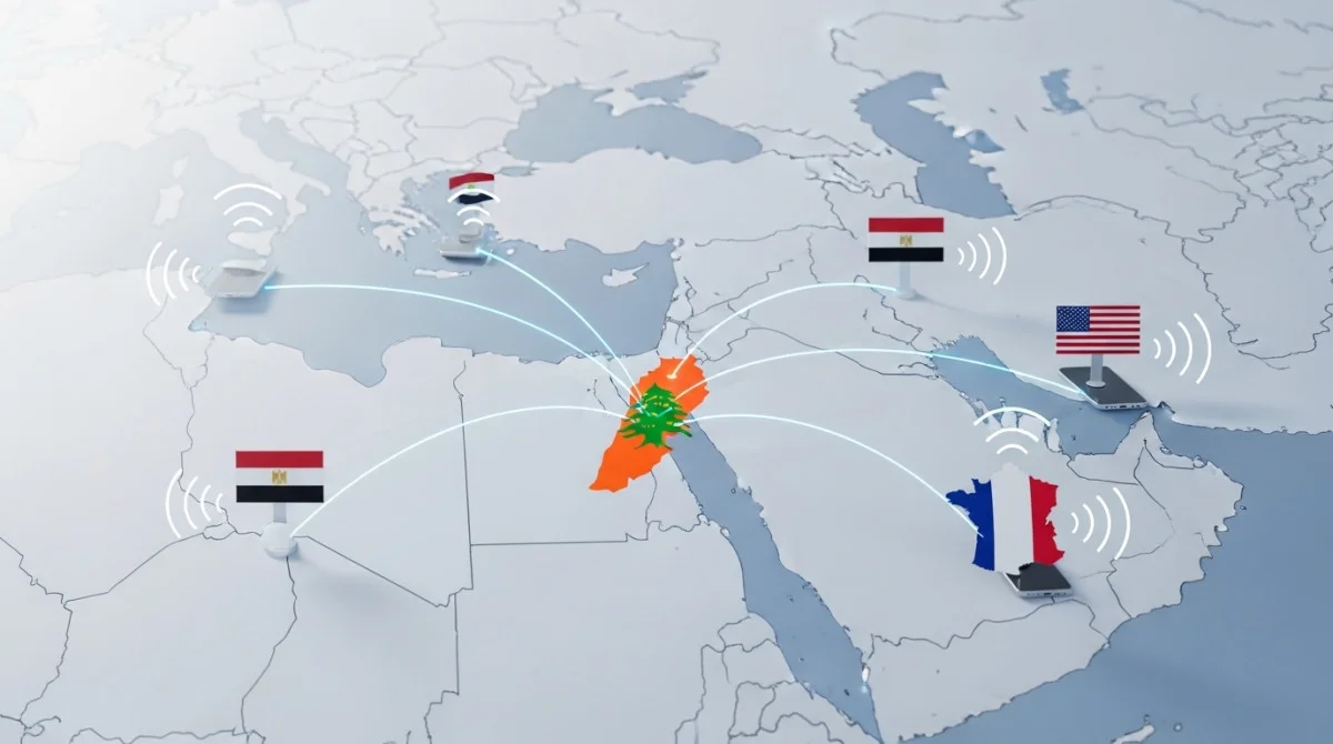 خريطة الشرق الأوسط مع إبراز مناطق التوتر واتصالات دبلوماسية بين مصر والولايات المتحدة وفرنسا لخفض التصعيد
