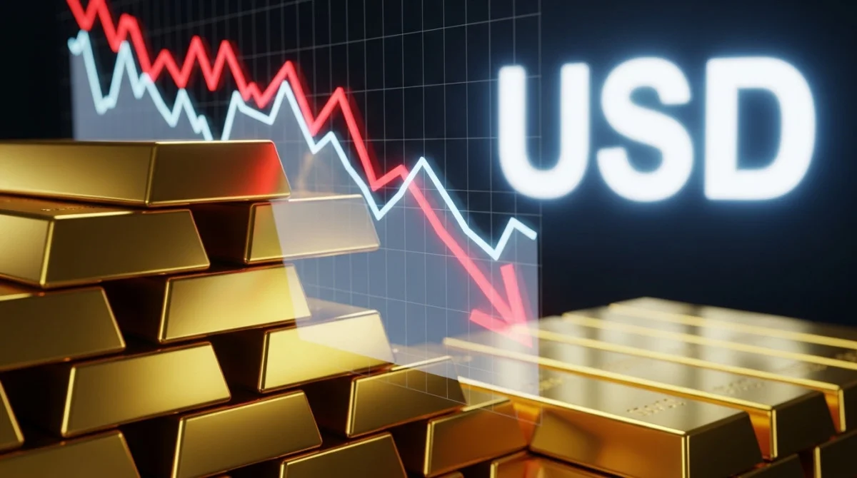 سبائك ذهبية مع رسم بياني هابط يعكس تراجع أسعار الذهب بسبب قوة الدولار