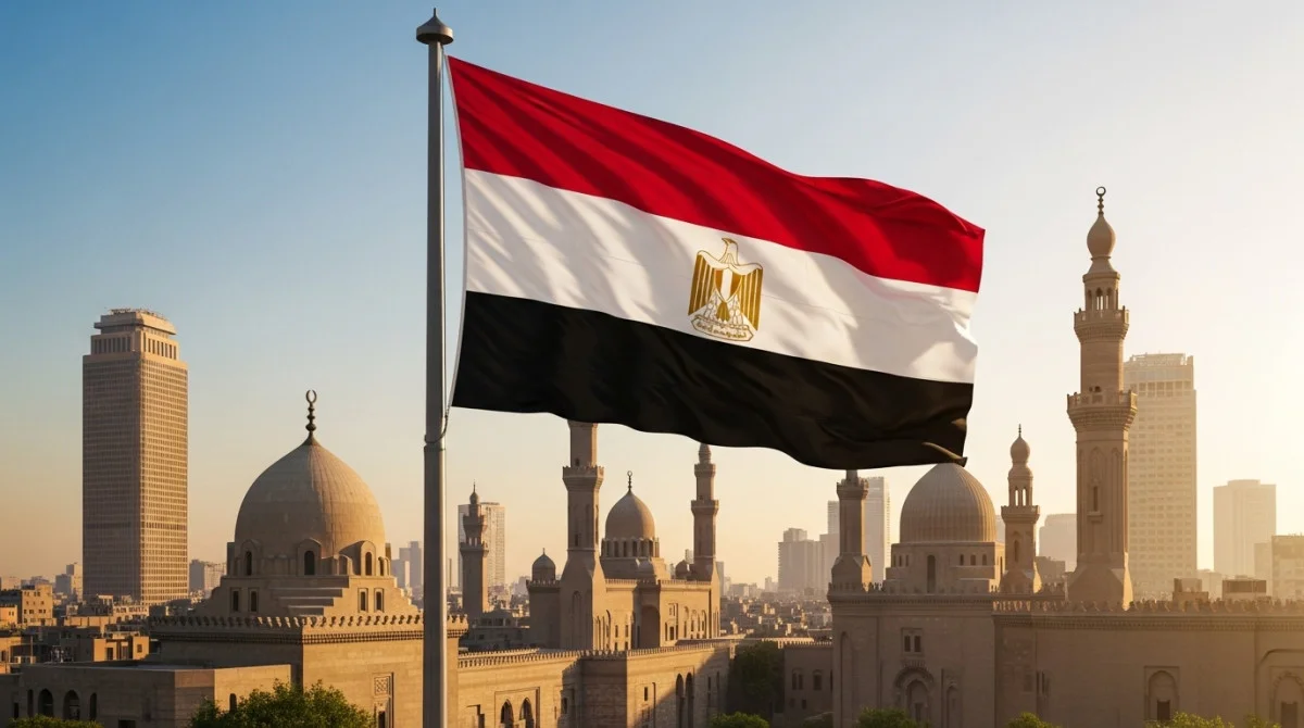 علم مصر يرفرف في سماء القاهرة مع ظهور المآذن والمعالم التاريخية في الخلفية، في مشهد يعكس الطابع الثقافي والديني للمدينة