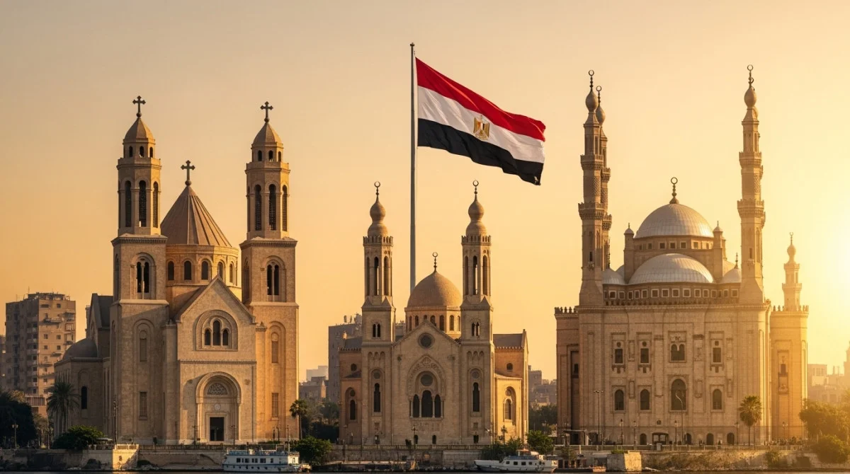 مشهد يعكس الوحدة الوطنية في مصر مع العلم المصري وكنيسة ومسجد احتفالا بعيد القيامة