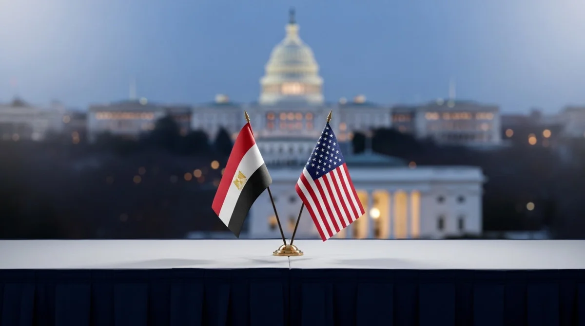مشهد دبلوماسي يرمز لزيارة وزير الخارجية المصري إلى واشنطن مع أعلام مصر وأمريكا في خلفية سياسية