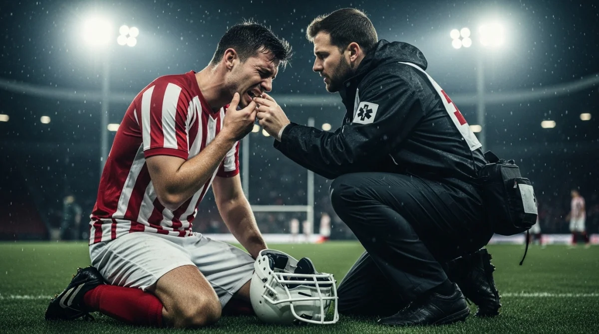 لاعب كرة قدم يتعرض لإصابة في الفم أثناء المباراة ويخضع لفحص طبي داخل الملعب