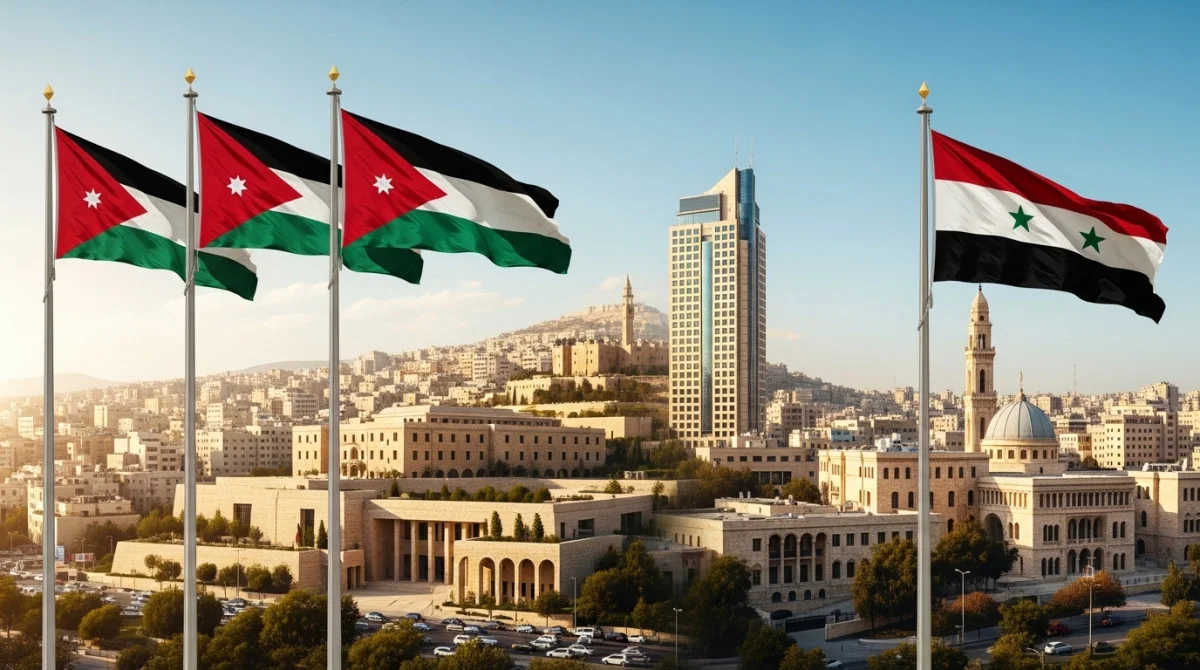 تعاون بين الأردن وسوريا مع أعلام البلدين ومشهد رمزي للشراكة الاستراتيجية