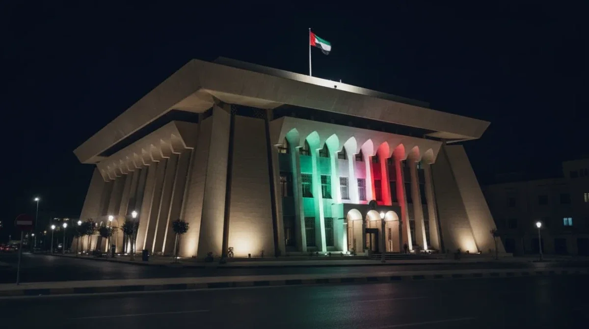 مبنى سفارة حديث يعكس أجواء دبلوماسية في دمشق مع إضاءة ليلية وألوان علم الإمارات