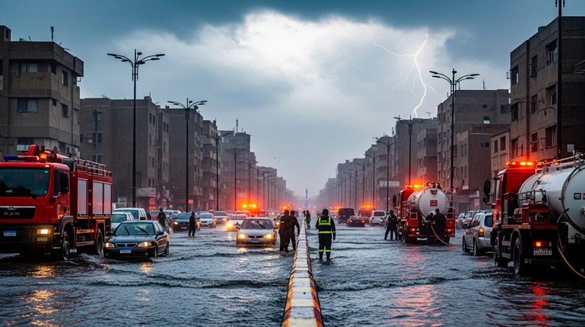 أمطار غزيرة تغمر أحد شوارع مصر مع انتشار سيارات الشرطة وفرق الطوارئ لتنظيم حركة المرور وشفط تجمعات المياه وسط أجواء غائمة