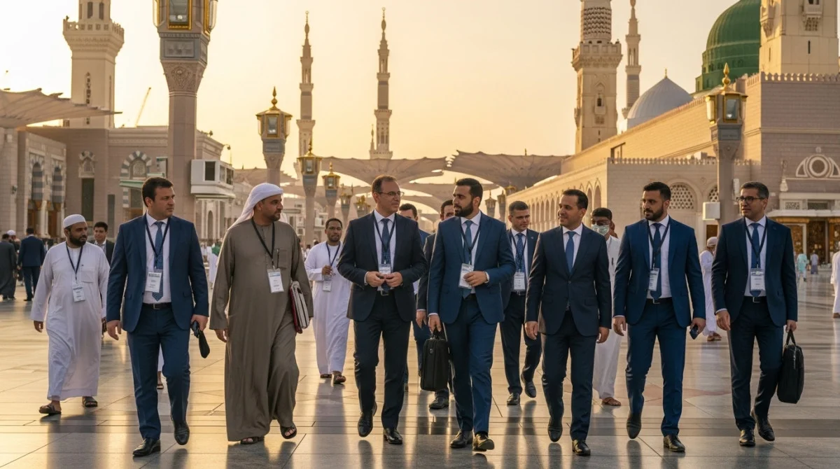 مشاركون بملابس رسمية يتجمعون بالقرب من المسجد النبوي في المدينة المنورة على هامش فعاليات منتدى العمرة والزيارة، في أجواء تعكس الطابع الروحي والتنظيمي للحدث