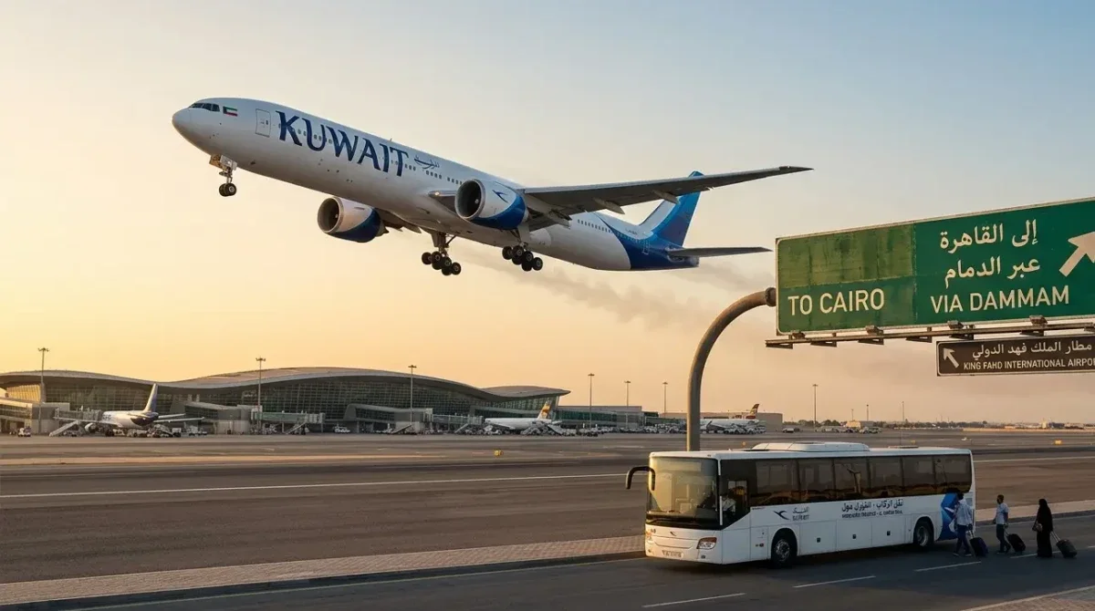 طائرة تابعة للخطوط الجوية الكويتية تقلع من المطار، مع لوحة إرشادية تشير إلى مسار الرحلات الجديد (إلى القاهرة عبر الدمام)، وحافلة نقل الركاب في ساحة المطا