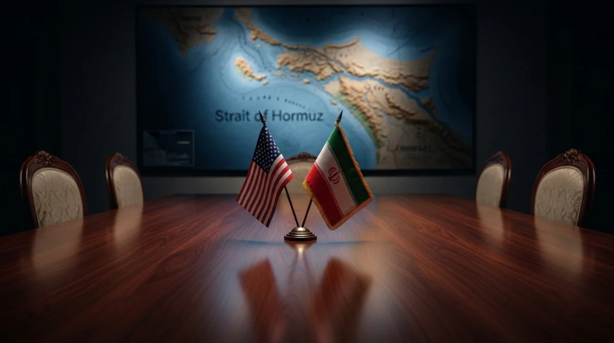 رمزية فشل المفاوضات بين الولايات المتحدة وإيران مع أعلام البلدين وخلفية توتر في مضيق هرمز