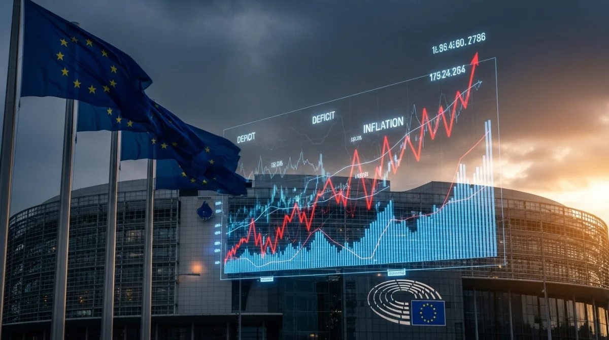 أعلام الاتحاد الأوروبي أمام مبنى رسمي مع مؤشرات اقتصادية تعكس أزمة محتملة في الميزانية بسبب دعم الطاقة