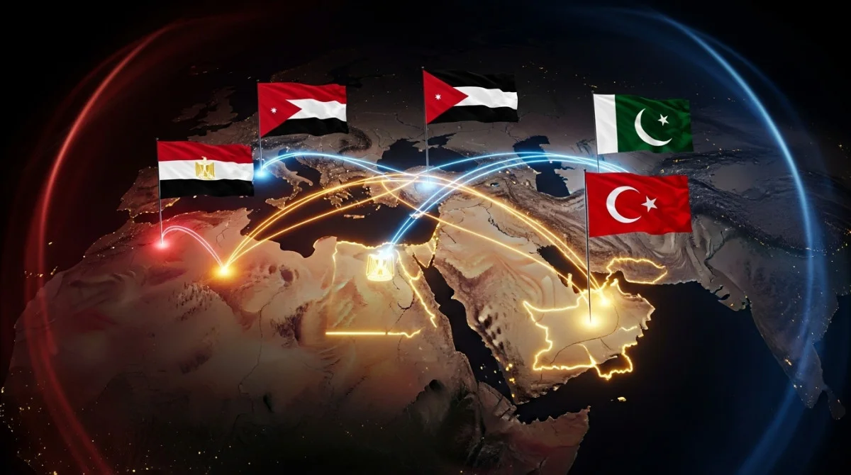 خريطة الشرق الأوسط مع إبراز مصر والأردن وتركيا وباكستان مع أعلامها في إطار يعكس التعاون الدبلوماسي في المنطقة
