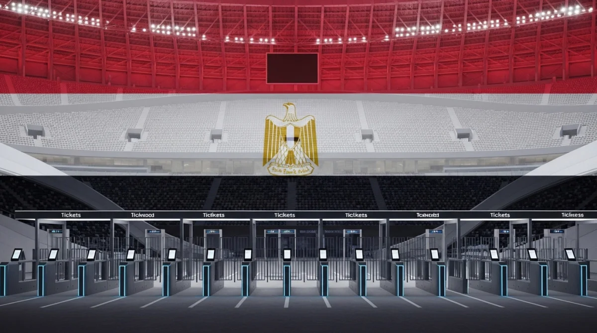 ملعب كرة قدم حديث مجهز لكأس العالم 2026 مع ألوان علم مصر وأنظمة دخول رقمية للتذاكر