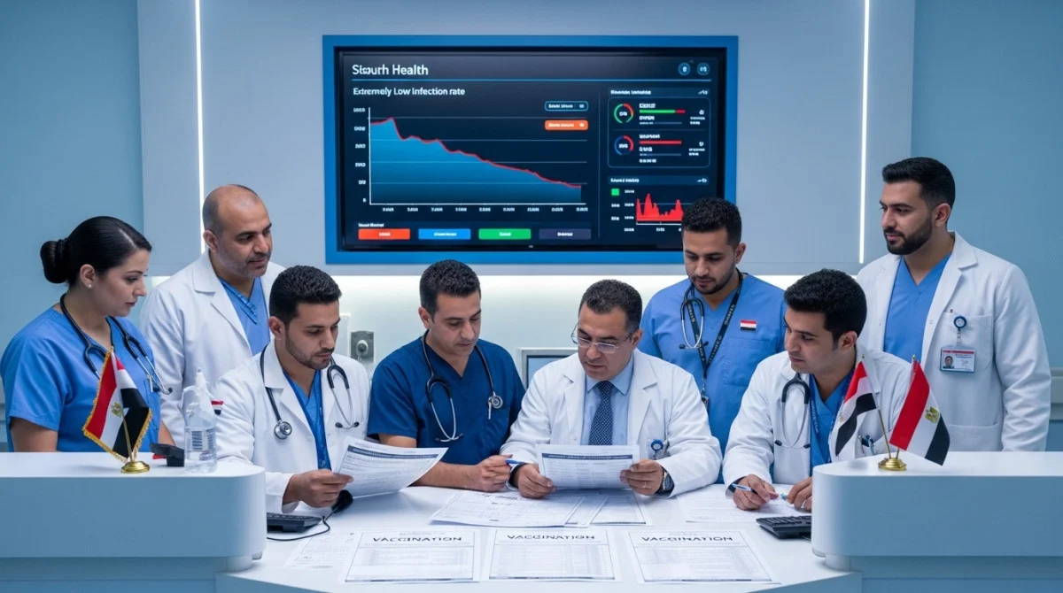 أطباء داخل مستشفى في مصر يتابعون بيانات صحية تظهر انخفاض معدل الالتهاب السحائي