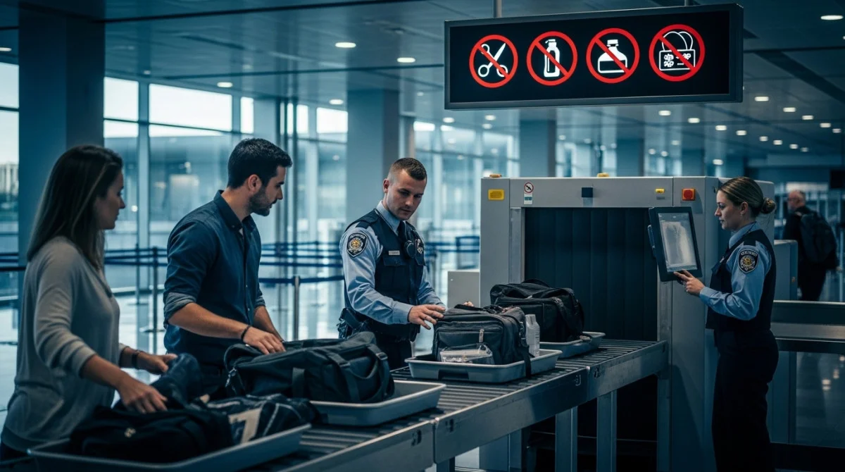 تفتيش حقائب المسافرين في المطار للكشف عن الأشياء الممنوعة على متن الطائرة