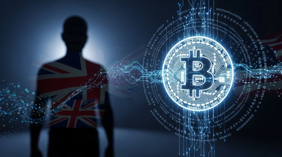 تصميم يعبر عن لغز مؤسس البتكوين مع رمز العملة الرقمية وعناصر تشفير غامضة