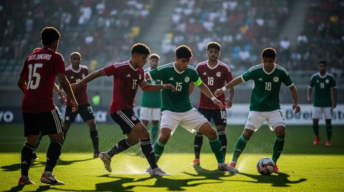 مباراة كرة قدم بين منتخب مصر والجزائر للناشئين على ملعب أخضر في أجواء تنافسية