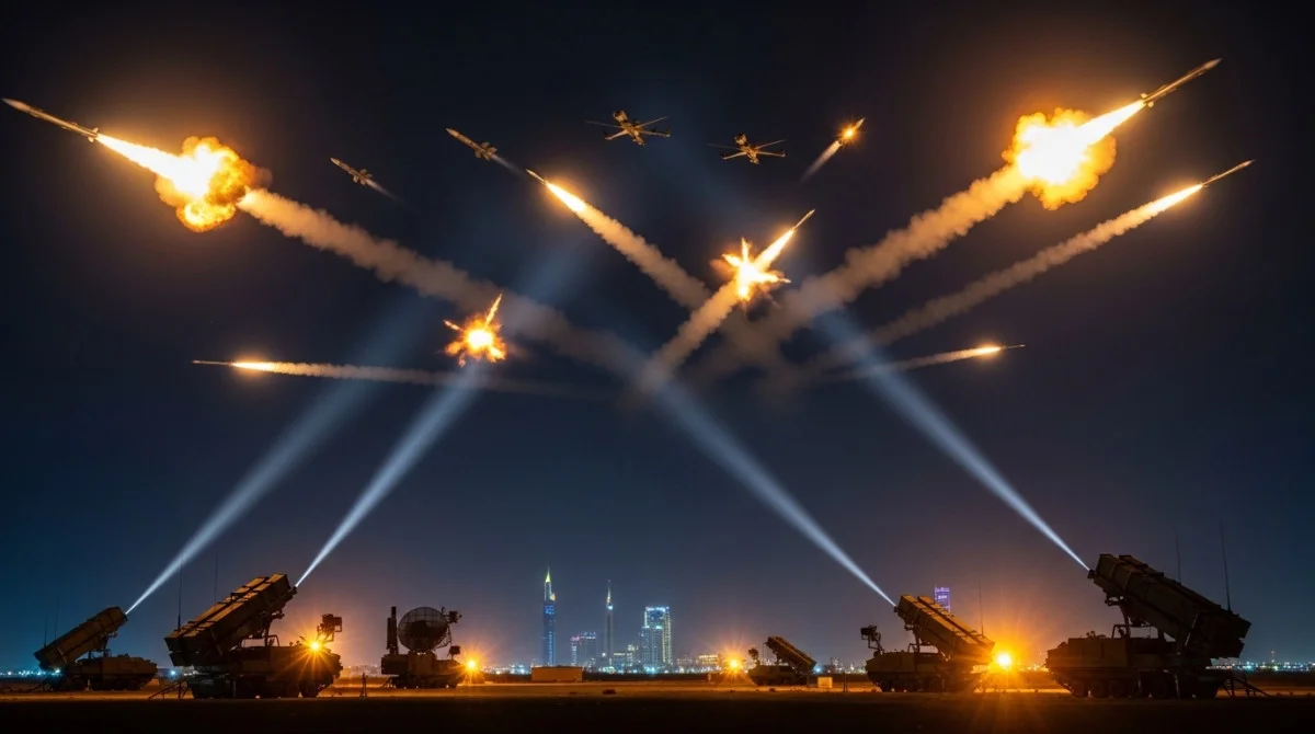 مشهد ليلي لاعتراض صواريخ وطائرات مسيّرة بواسطة الدفاعات الجوية في أجواء الكويت