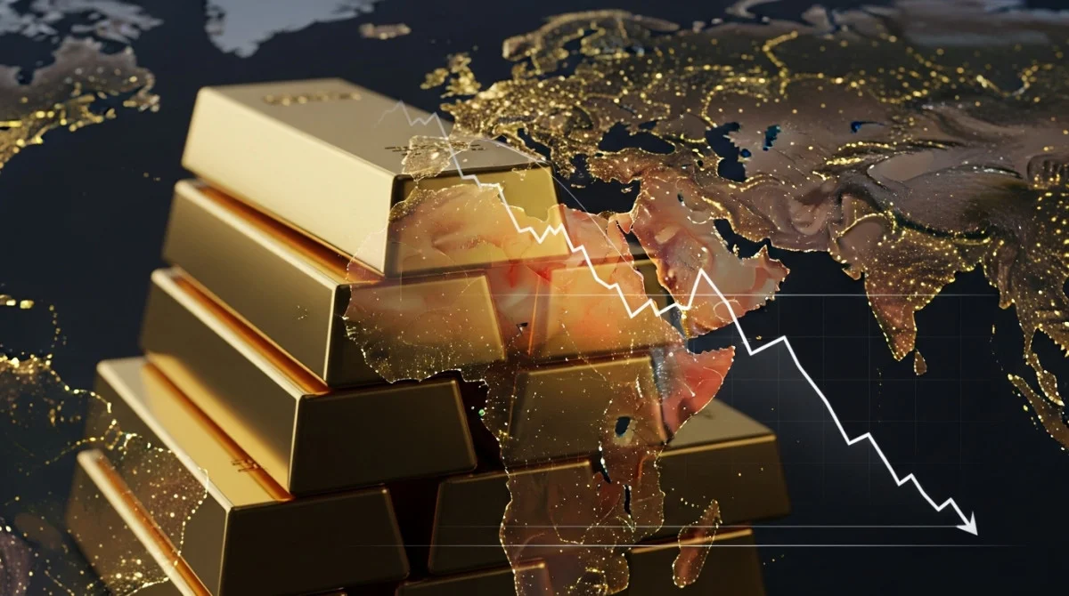 سبائك ذهبية مع رسم بياني هابط يعكس تراجع الأسعار وسط توترات في مضيق هرمز