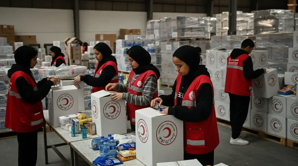 شباب ومتطوعون يشاركون في تجهيز المساعدات الإنسانية داخل الهلال الأحمر المصري لدعم غزة