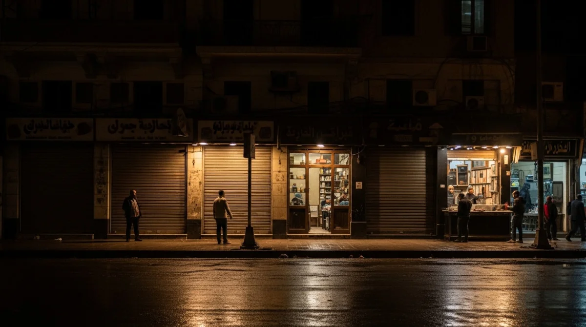 مشهد لشارع تجاري في إحدى المدن المصرية خلال المساء مع محال تجارية ومطاعم تغلق أبوابها وتطفئ الأضواء