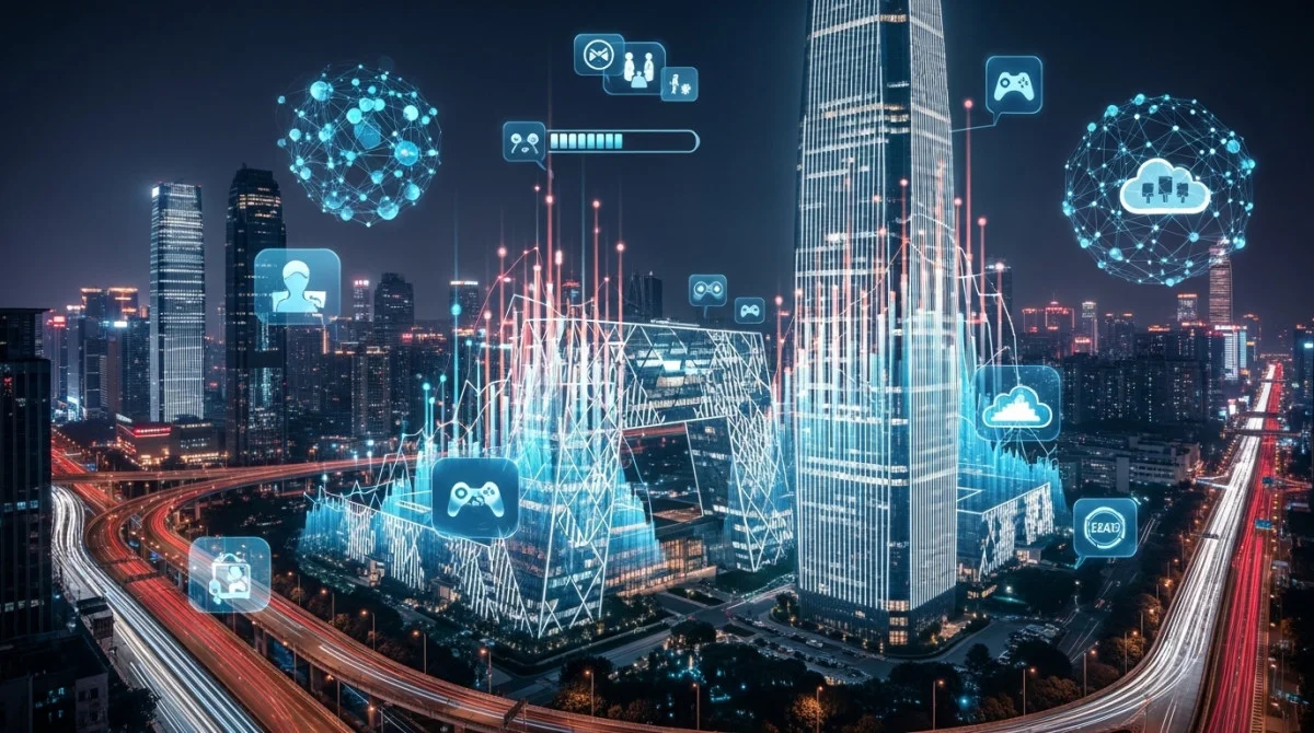 مقر شركة تينسنت مع مؤشرات نمو الأرباح وارتفاع الأداء المالي في قطاع التكنولوجيا