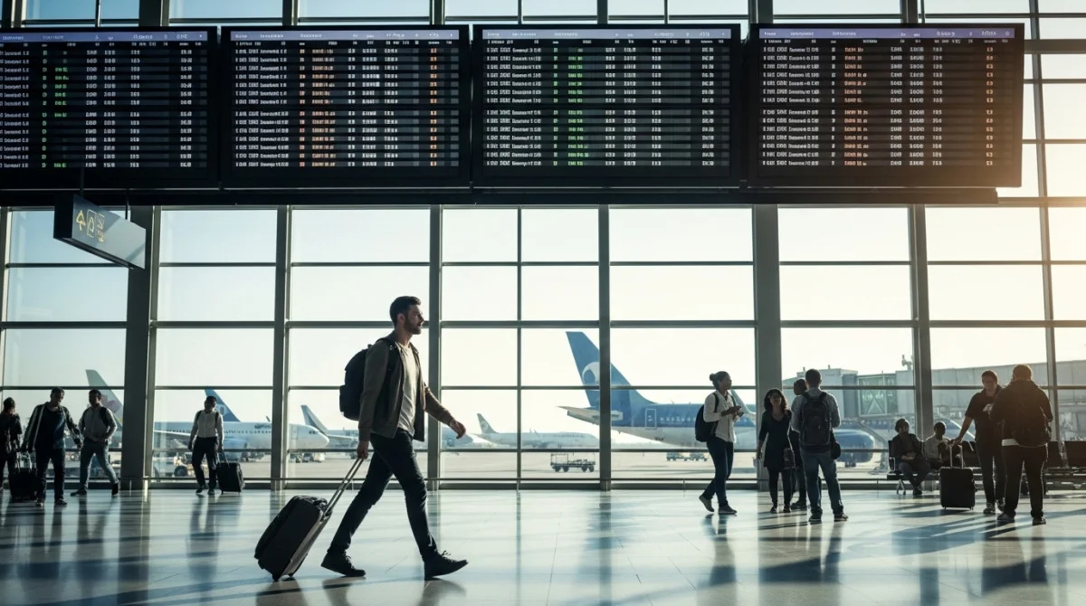 مسافر ذكي يسير داخل صالة مطار حديثة مستعد لرحلته الجوية