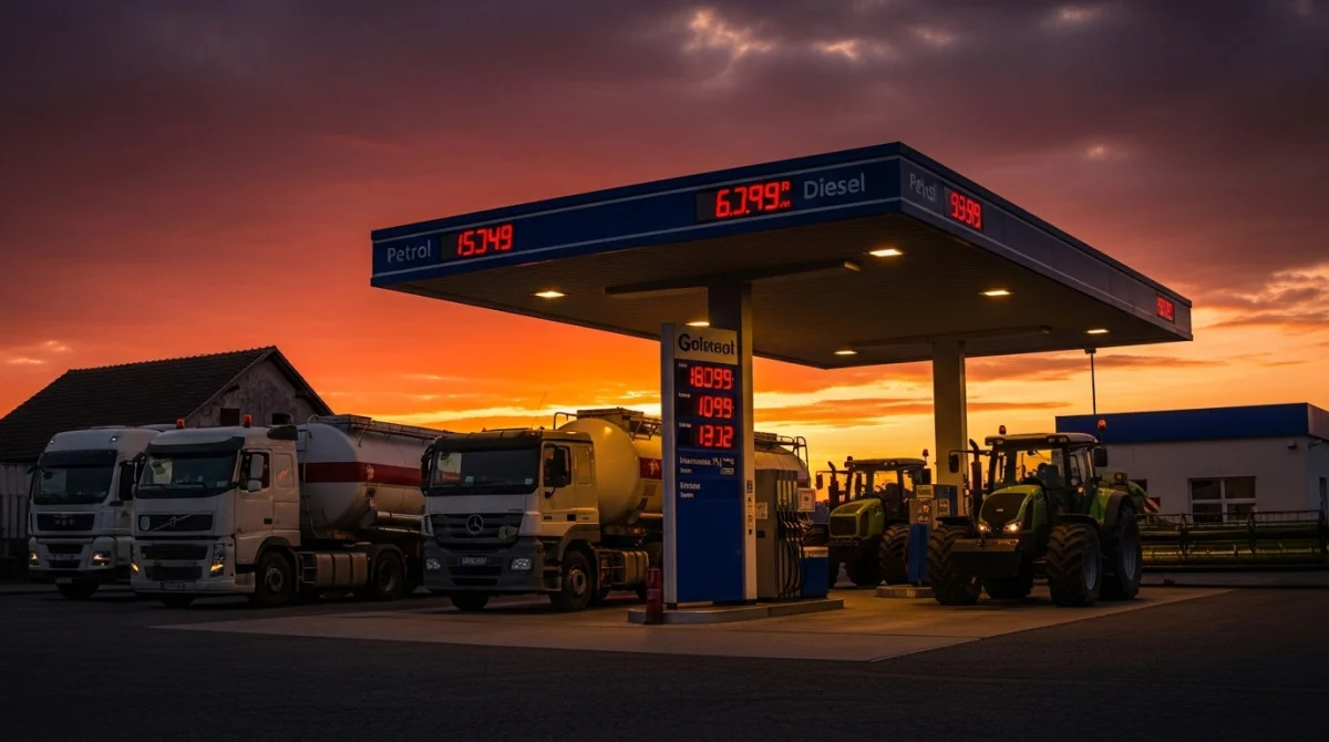 شاحنات ومعدات زراعية في محطة وقود تعكس ارتفاع أسعار الوقود وتأثيره على القطاعات الحيوية