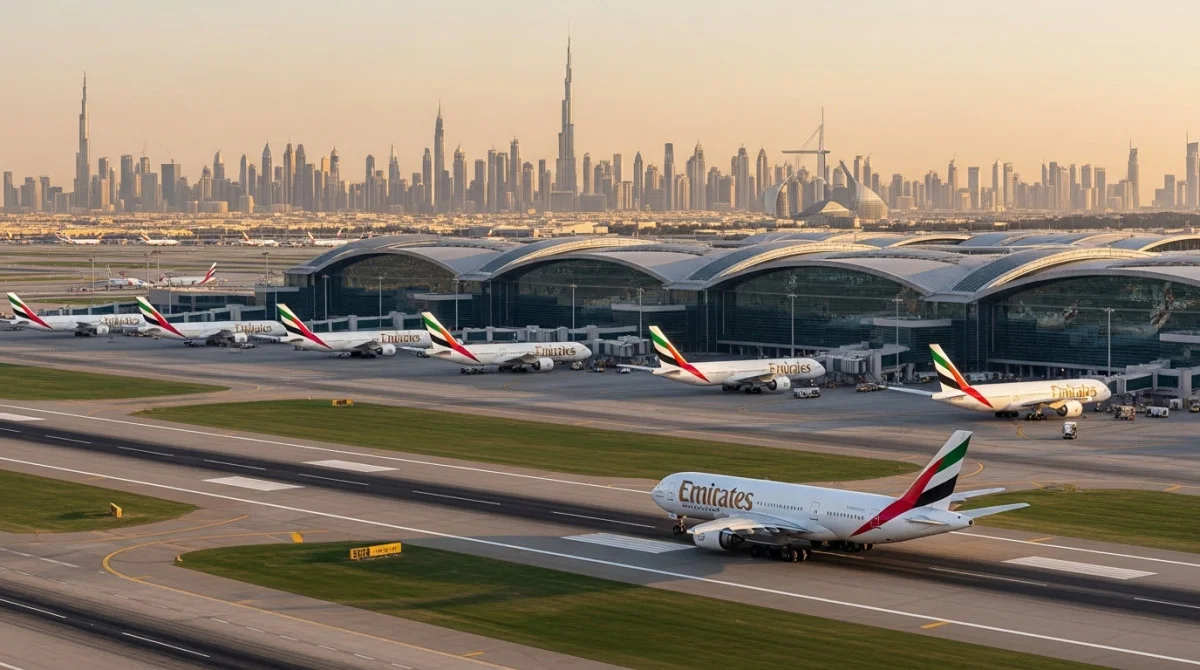مطار دبي الدولي يظهر كأحد أكبر مطارات العالم مع طائرات على المدرج وأفق دبي في الخلفية