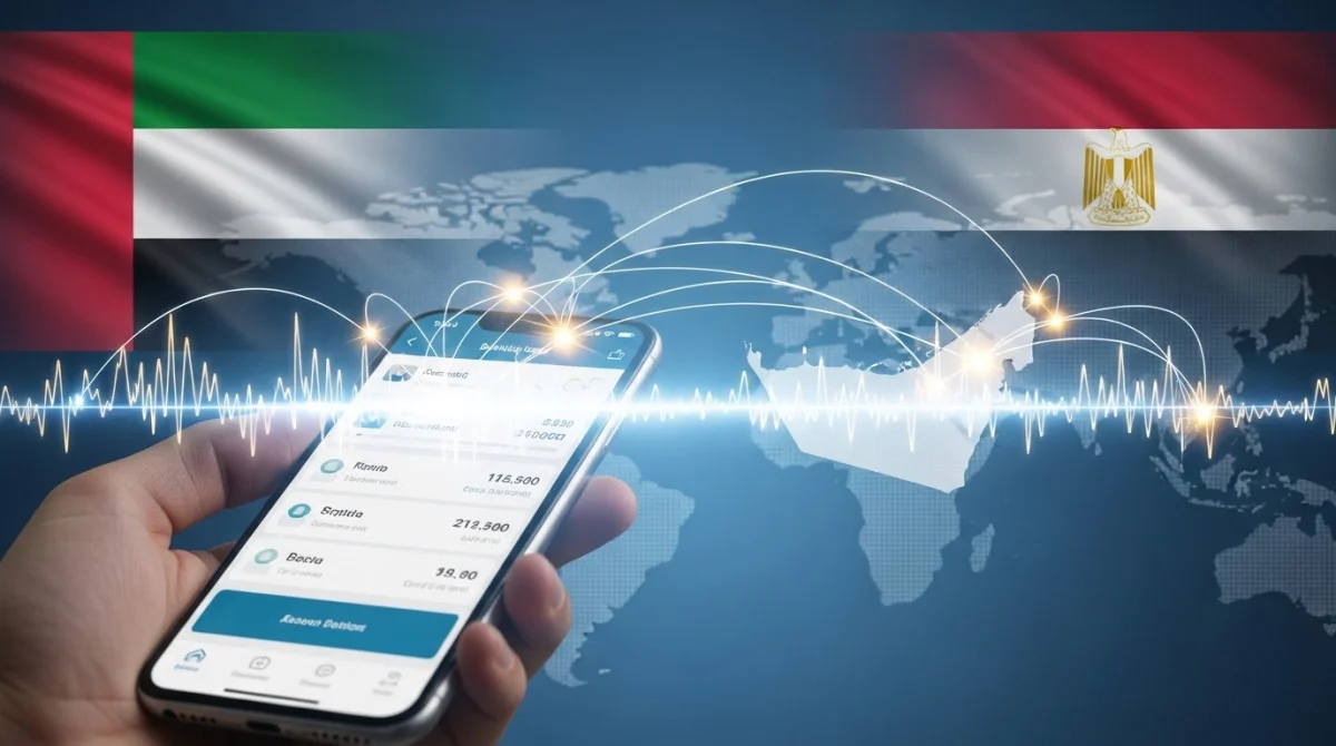 تطبيق مصرفي رقمي يعرض تحويلات مالية فورية بين الإمارات ومصر ضمن خدمة بنكية حديثة عبر الحدود، مع واجهة ذكية تعكس إدارة الحسابات والتحويلات بسهولة وسرعة