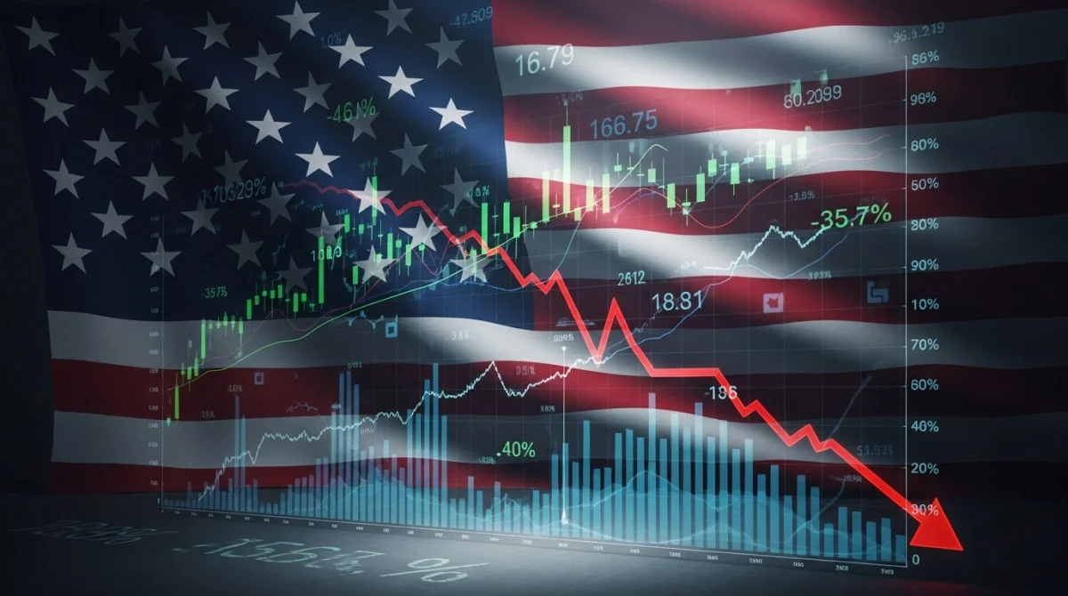 علم الولايات المتحدة مع رسوم بيانية مالية تعكس ارتفاع عجز الميزانية وتراجع الإيرادات