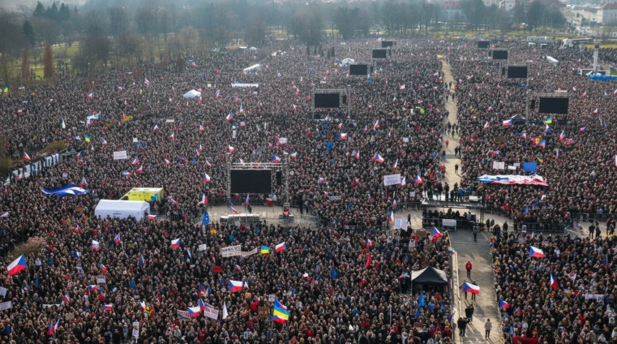 حشود ضخمة من المتظاهرين في براغ ترفع الأعلام التشيكية احتجاجًا على سياسات الحكومة