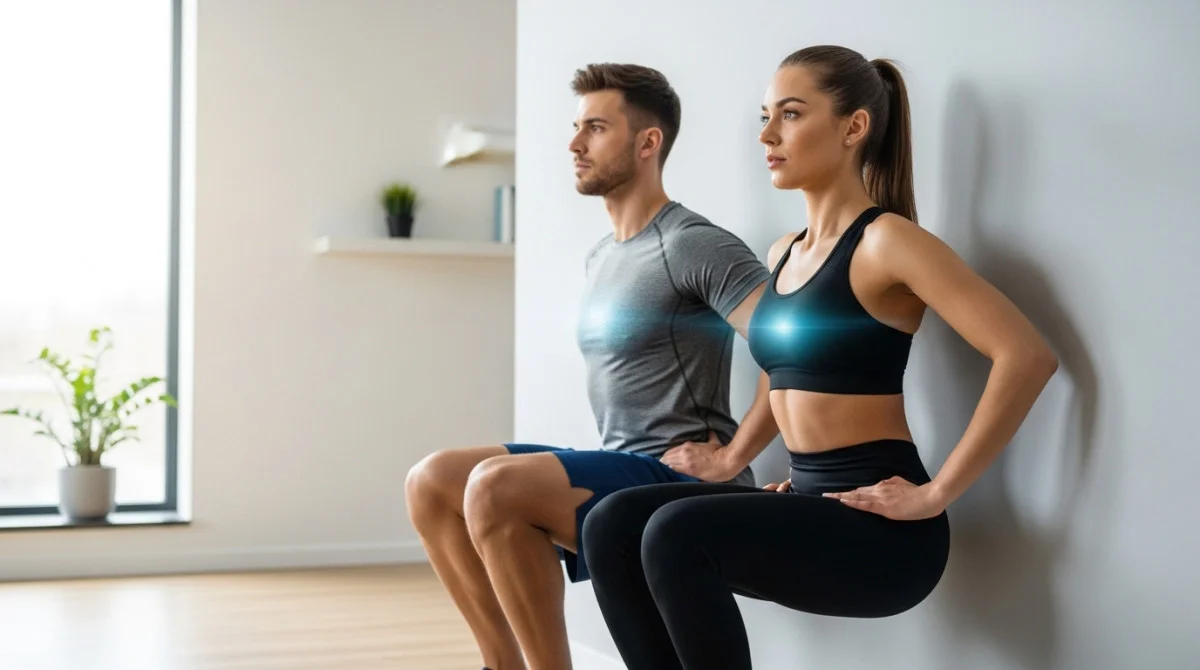 شخصان يؤديان تمرين القرفصاء الثابت في المنزل لتحسين اللياقة وصحة القلب