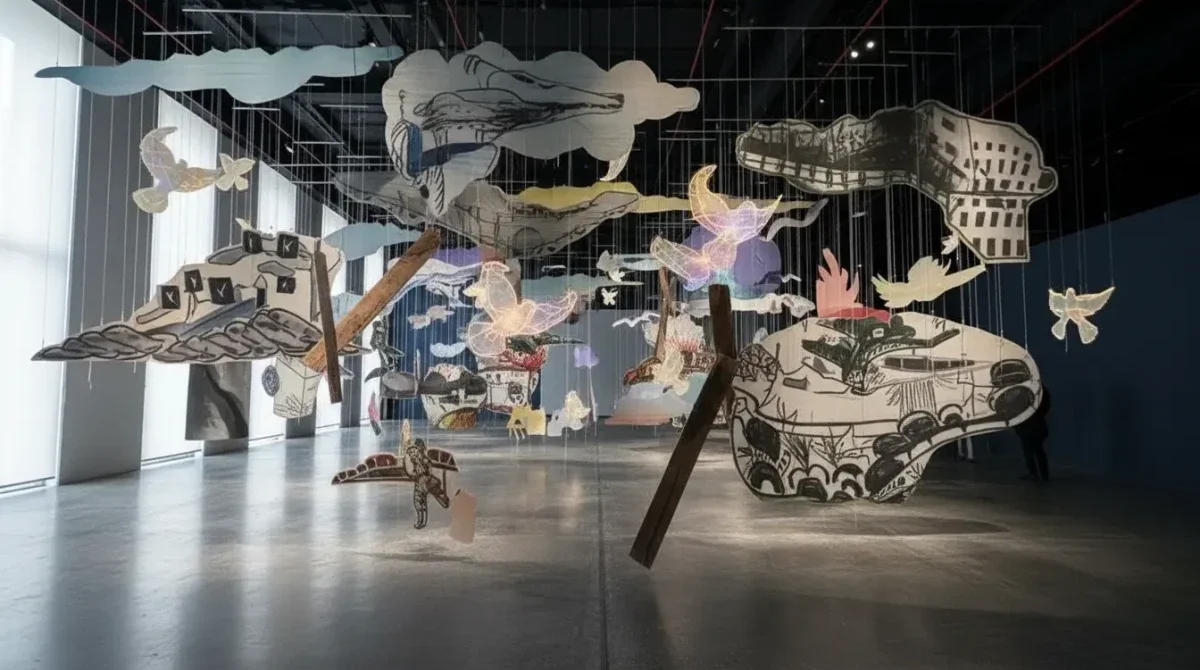 عمل فني معاصر داخل معرض يعبر عن ذاكرة الحرب والهوية الإنسانية في بينالي الدرعية