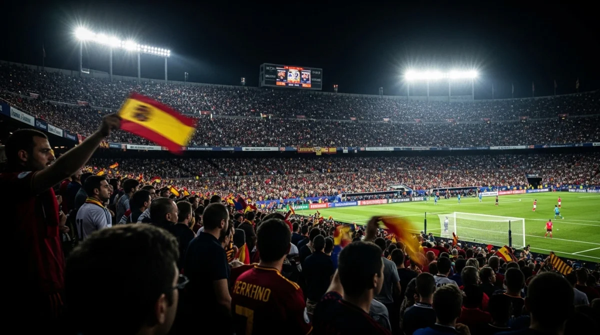 ملعب في برشلونة خلال مباراة مصر واسبانيا مع اجواء جماهيرية مشحونة