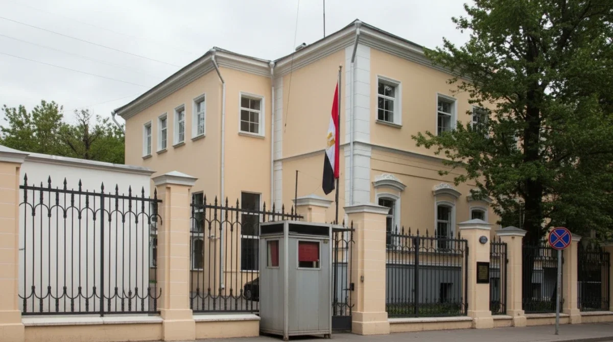 مبنى سفارة مصر في بيروت مع رفع العلم المصري في اجواء هادئة تعكس قرار تعليق العمل القنصلي