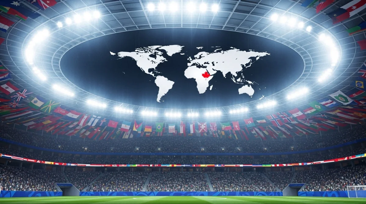 شعار كاس العالم 2026 مع اعلام المنتخبات المشاركة ومخطط المجموعات