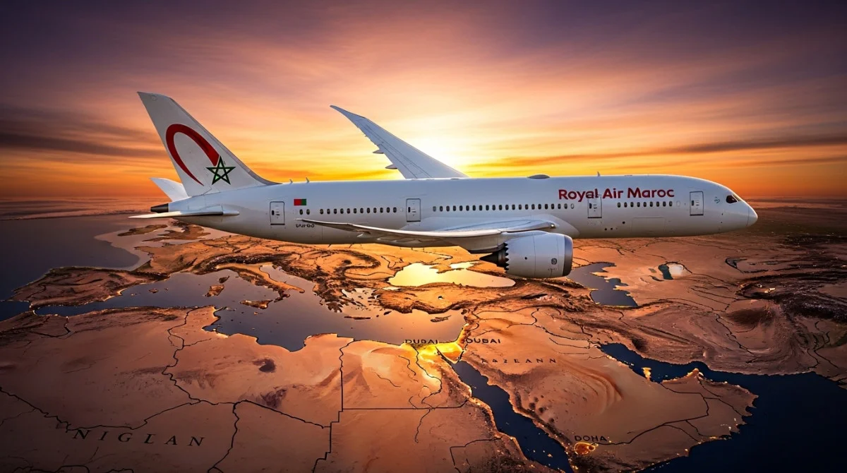 طائرة الخطوط الملكية المغربية مع خبر تمديد تعليق الرحلات الجوية بين المغرب وكل من دبي والدوحة.