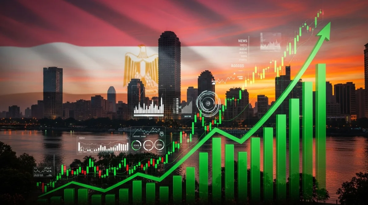 شاشة تعرض مؤشرات البورصة المصرية مع رسوم بيانية صاعدة وخلفية افق القاهرة ونهر النيل تعكس نمو السوق في الربع الاول 2026