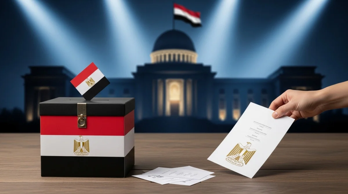 صندوق اقتراع يرمز للانتخابات الرئاسية في مصر مع خلفية سياسية