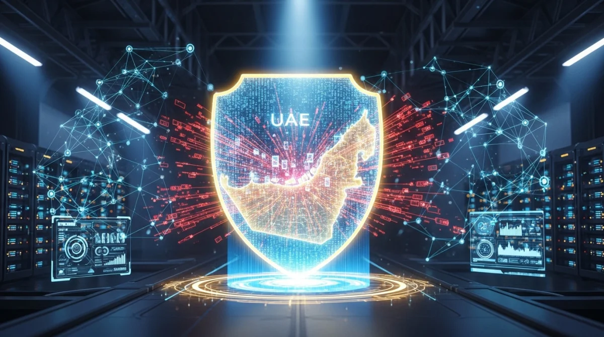حماية سيبرانية متقدمة في الإمارات ضد هجمات الذكاء الاصطناعي مع خريطة رقمية وأنظمة دفاع حديثة