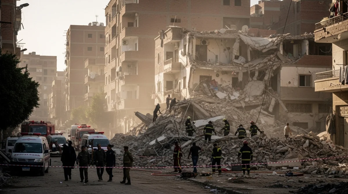 منزل منهار في منطقة سكنية بالفيوم مع تواجد قوات الطوارئ وفرض كردون امني لحماية السكان