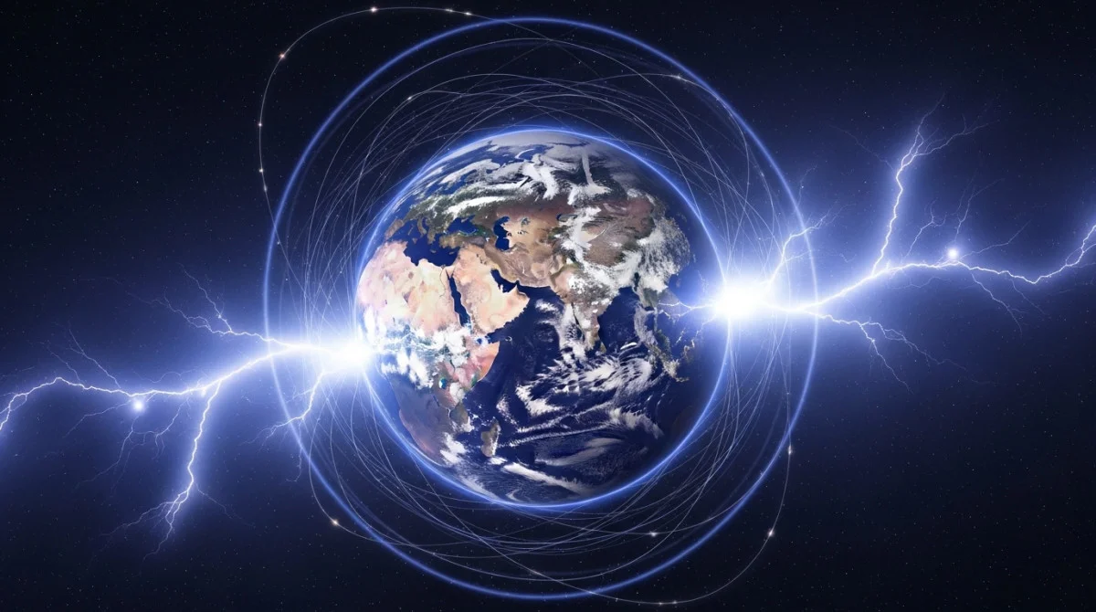 كوكب الأرض محاط بموجات كهرومغناطيسية تمثل رنين شومان وتأثيرات الطقس الفضائي