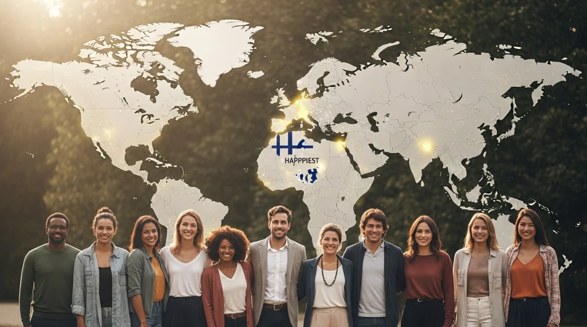خريطة العالم مع إبراز الدول الأكثر سعادة وأشخاص مبتسمين من ثقافات مختلفة